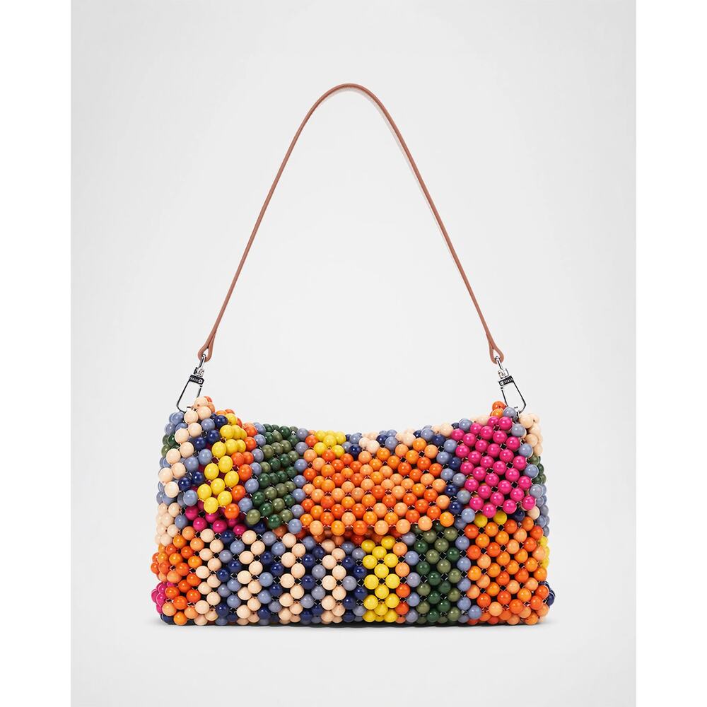 STAUD Multicolor Beaded Shoulder Bag — Pink, Orange, Yellow, Blue, Green, Cream.